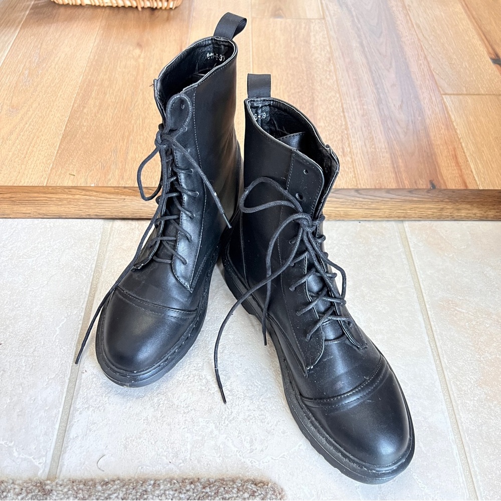 Black Faux Leather Combat Boots - 8.5